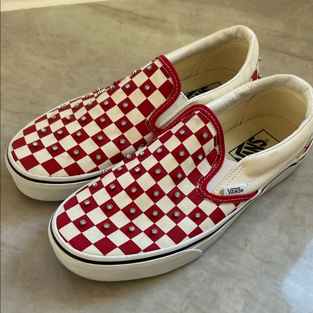 Vans Slip-On Checkerboard Sneakers - Red & White with Studs
